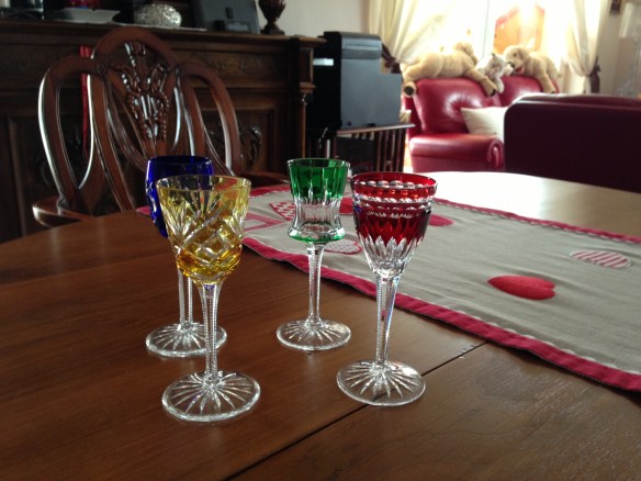 Etched Baccarat crystal liquor glasses. Worth like a decent piece of jewelry, and yet I don't regret them not being jewelry.