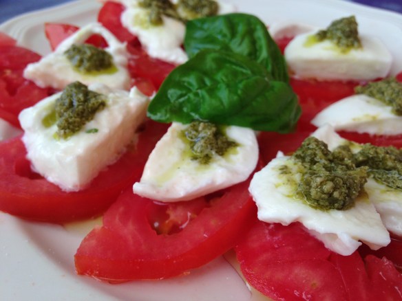 Caprese salad - the tomatoes and basil are from the garden, as is the basil in the pesto.